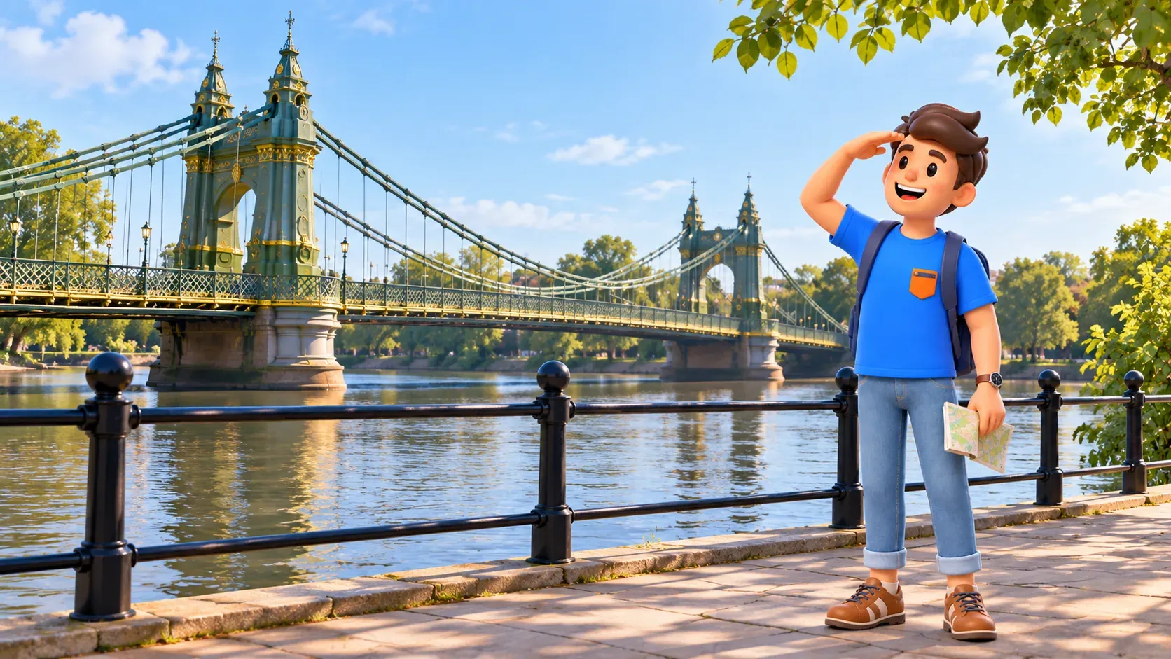 Illustration of a traveller beside a riverside railing with Hammersmith Bridge behind