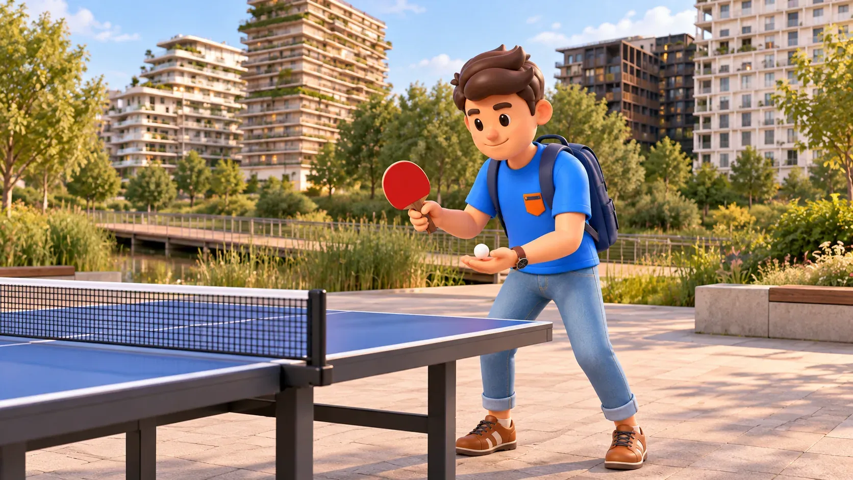 Un viajero prepara un saque de tenis de mesa con el parque contemporáneo de Batignolles al fondo