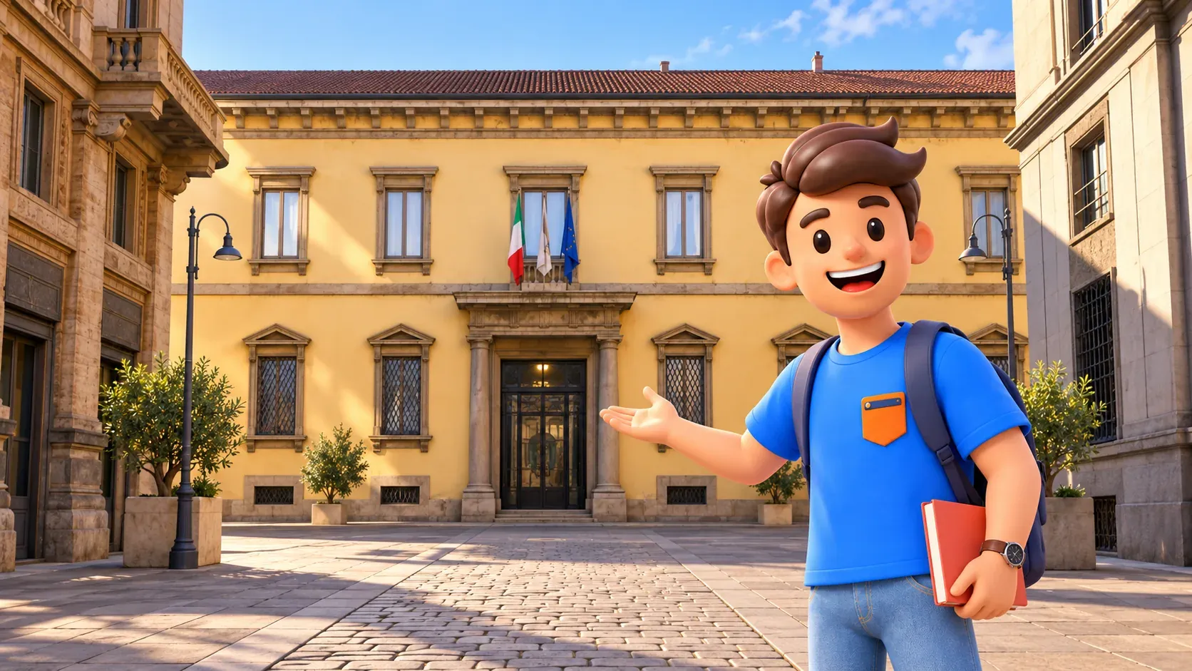 Illustration of a traveller outside the Ambrosiana’s yellow façade, with his right palm open and a coral guidebook in his left hand.