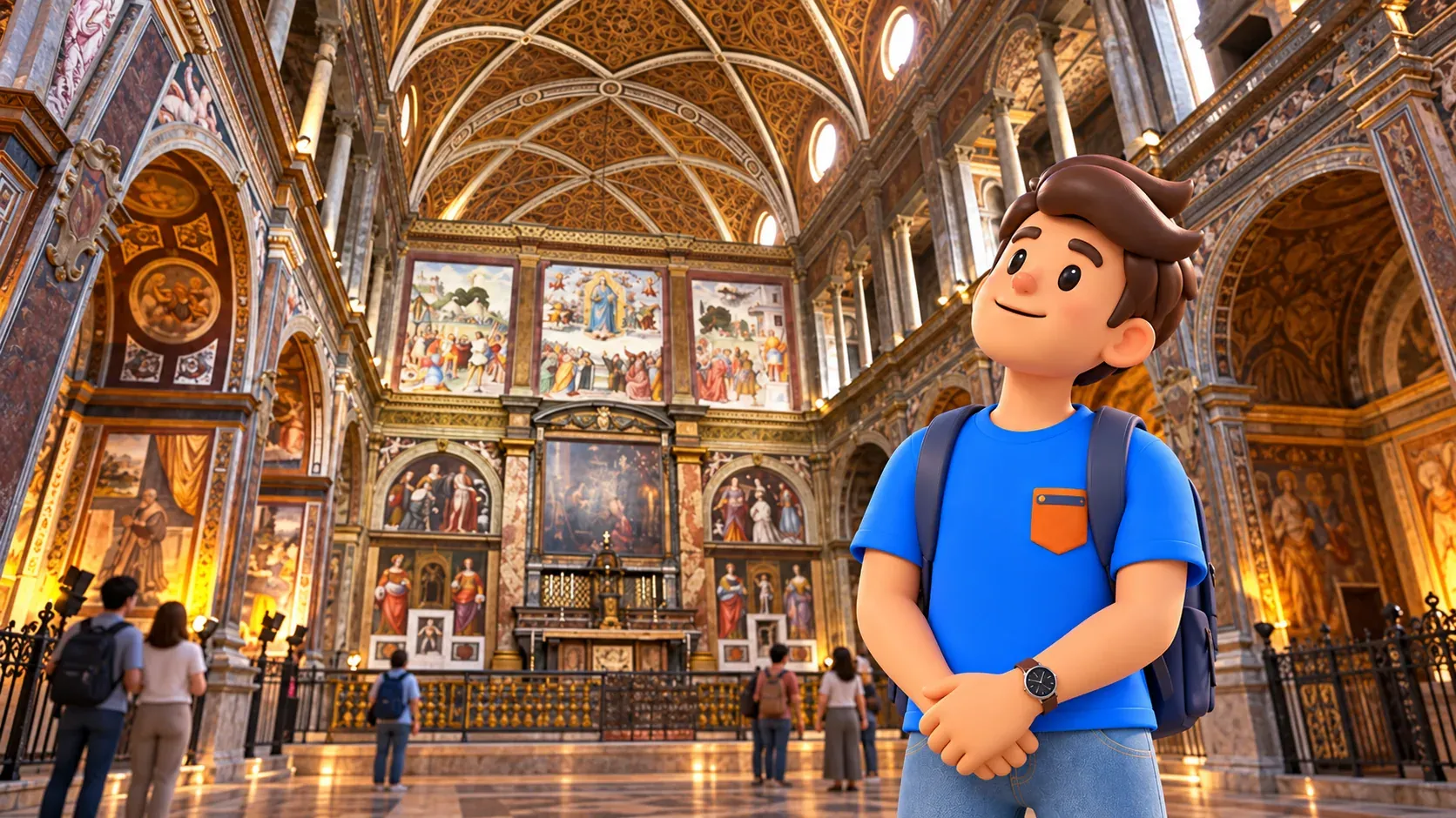 Illustration of a traveller in San Maurizio’s public hall, beneath a painted ribbed vault facing the altar wall with three upper panels.