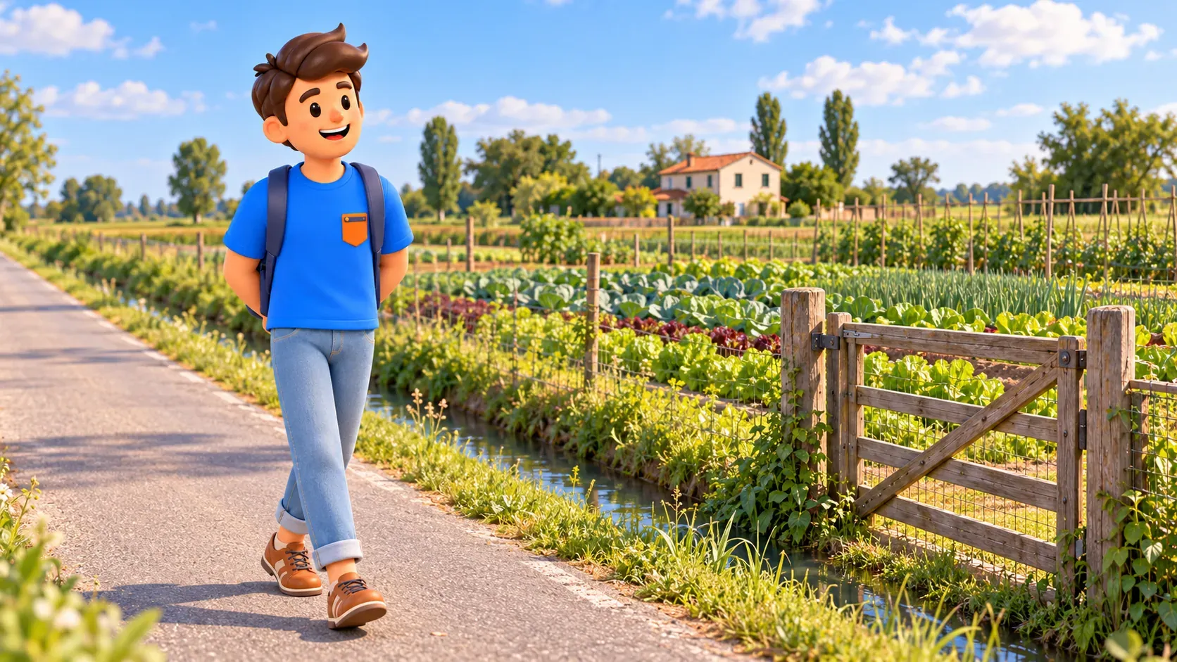 Illustration conceptuelle d’un voyageur sur une route près des champs de Sant’Erasmo