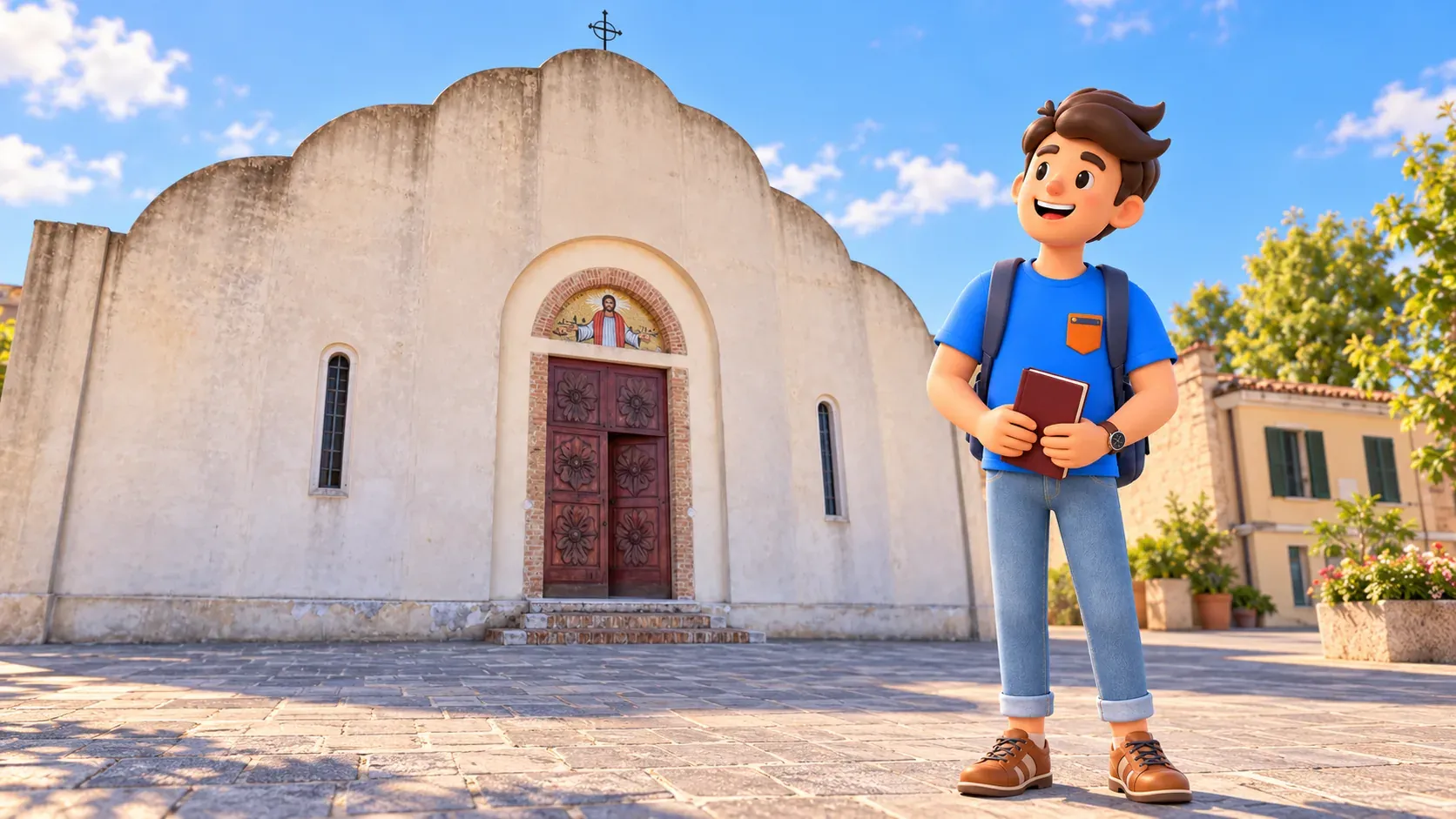 Illustration d’un voyageur avec un livre devant l’église Cristo Re à Sant’Erasmo