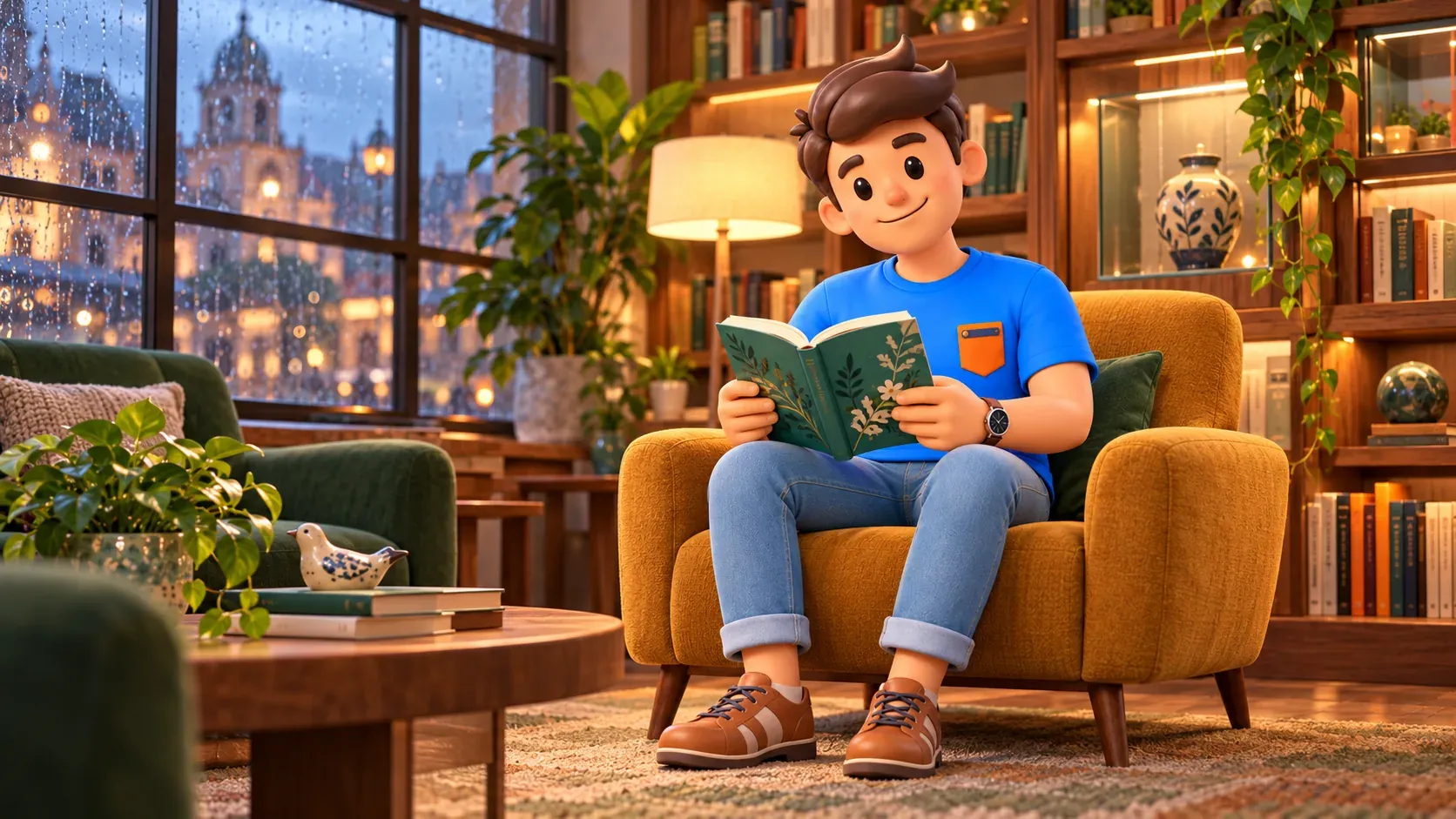 Illustration d’un voyageur lisant dans un fauteuil d’un salon de lecture imaginaire