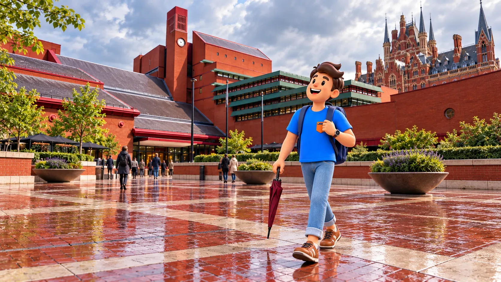 Illustration d’un voyageur avec un parapluie bordeaux fermé sur le parvis de la British Library