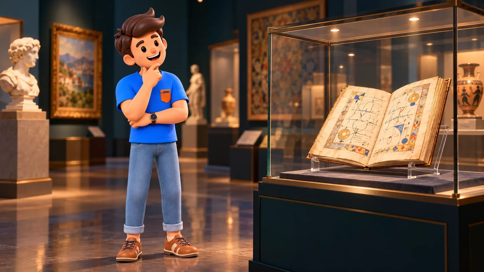 Illustration d’un voyageur devant une vitrine contenant un manuscrit inventé