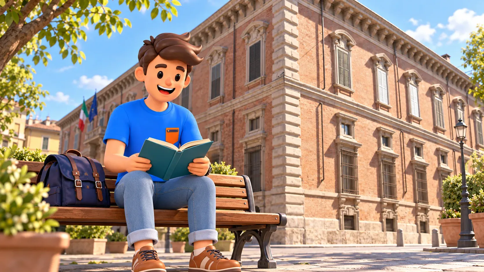 Illustration eines Reisenden mit offenem Buch auf einer Bank vor der Backsteinecke des Palazzo Brera mit hellen Ecksteinen.