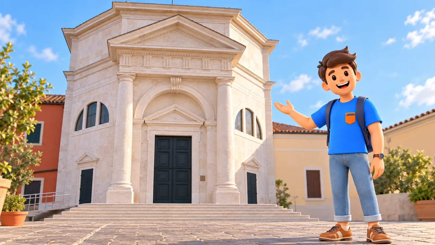 Illustration d’un voyageur devant le sanctuaire Madonna dell’Apparizione à Pellestrina