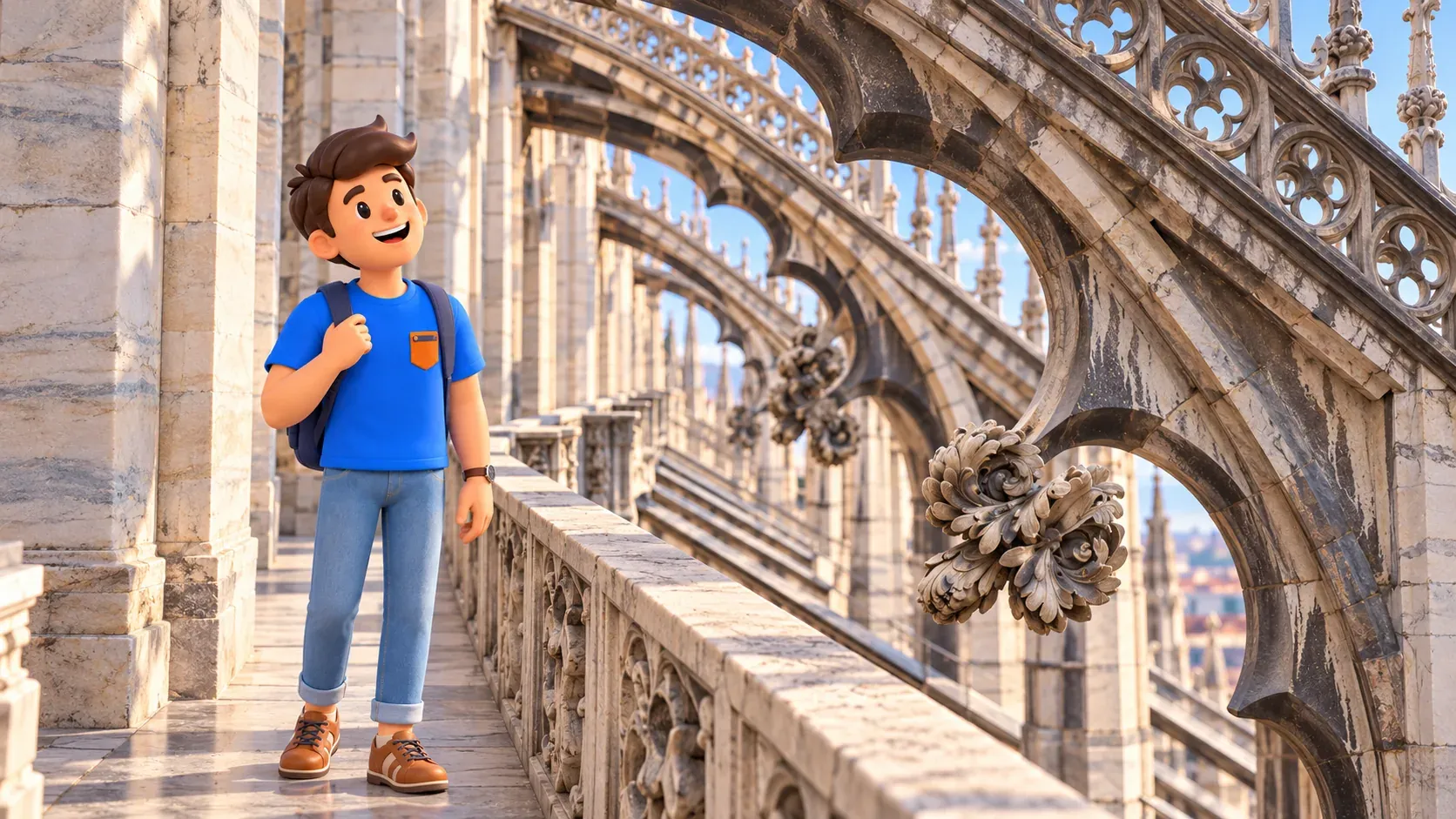 Illustration d’un voyageur dans le passage latéral des terrasses du Duomo, derrière le parapet sculpté et près des arcs-boutants.