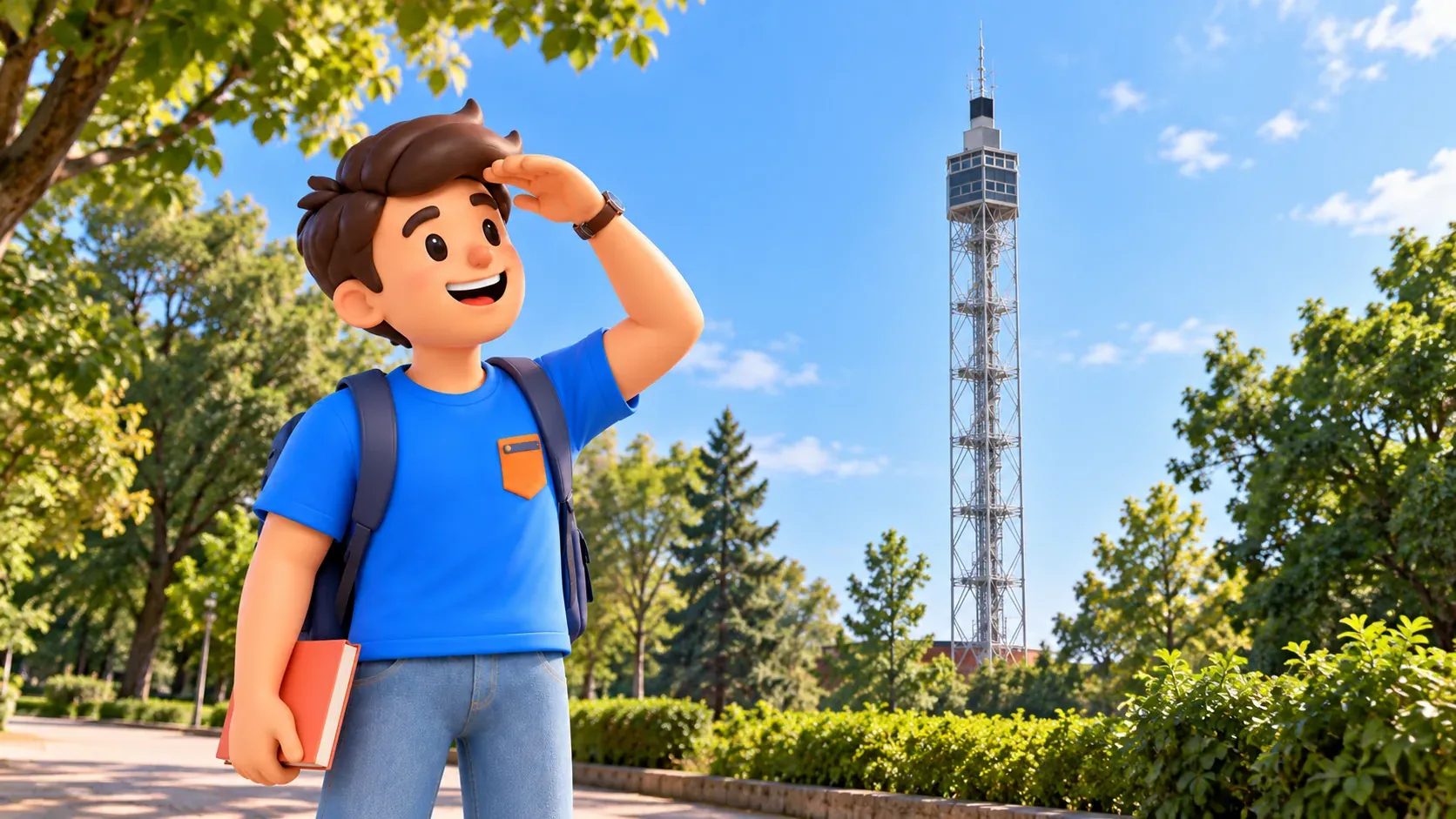 Illustration d’un voyageur protégeant ses yeux de la main gauche devant la fine tour Branca en acier, dans le parc Sempione.