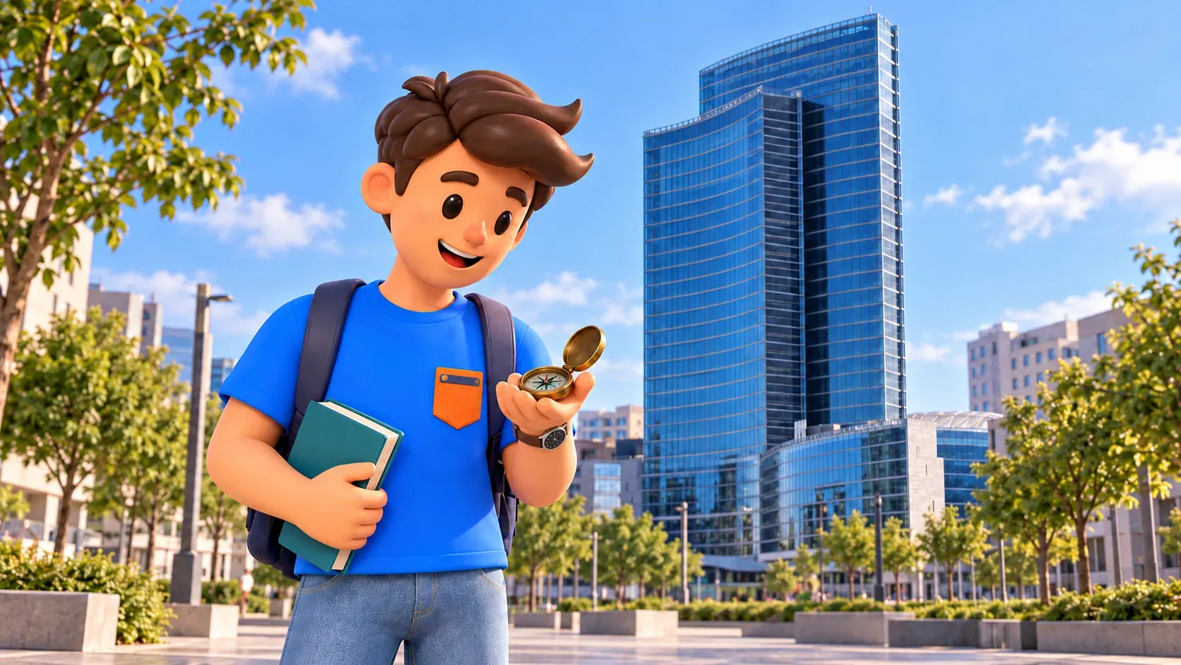 Illustration d’un voyageur avec une boussole dans la main gauche et un livre dans la droite devant Palazzo Lombardia.