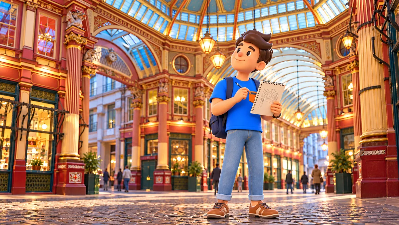 Illustration eines Reisenden mit Zeichenblock und Stift unter dem Dach des Leadenhall Market