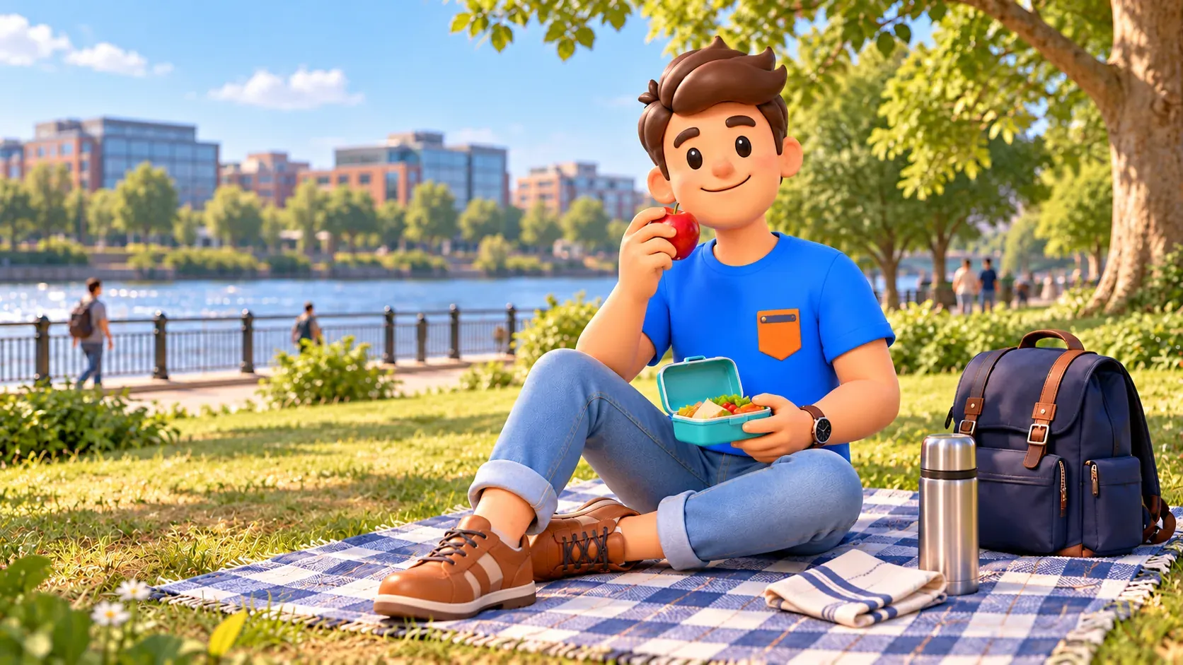 Illustration eines Reisenden mit Apfel und Lunchbox in einem erfundenen Park am Fluss