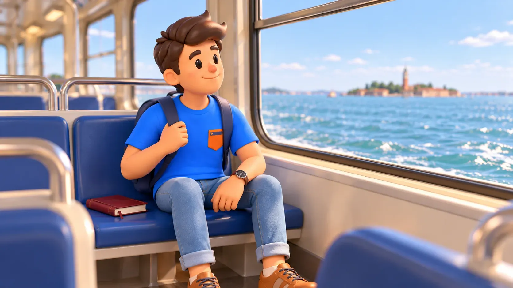 Conceptual illustration of a traveler with a book beside a waterbus window