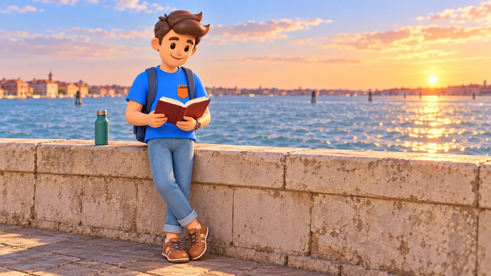 Conceptual illustration of a traveler reading beside the Venetian lagoon