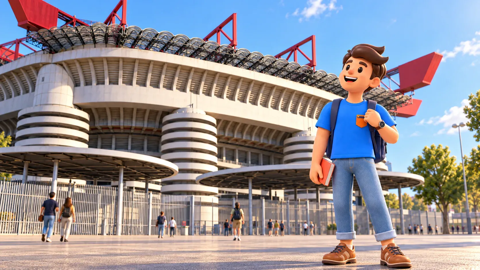 Illustration of a traveller before San Siro’s helical ramps, concrete tiers and red roof trusses.