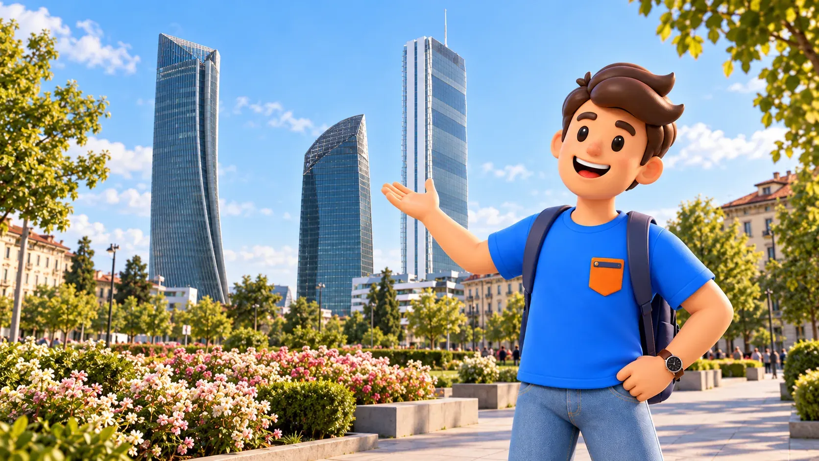 Illustration of a traveller gesturing towards CityLife’s three towers from an outdoor pedestrian space.