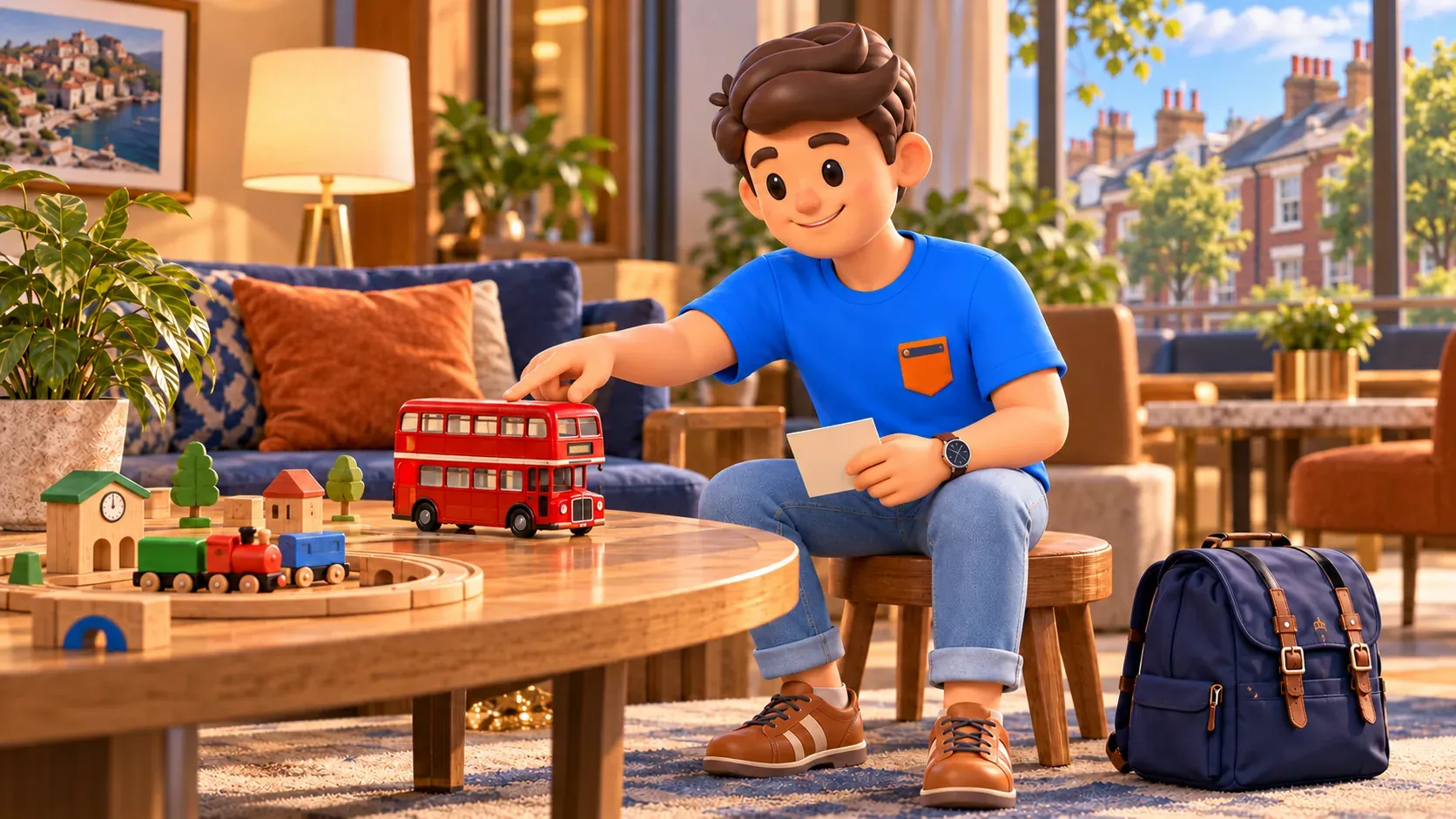 Conceptual illustration of a traveller with a model bus and toy railway in an imaginary hotel lounge