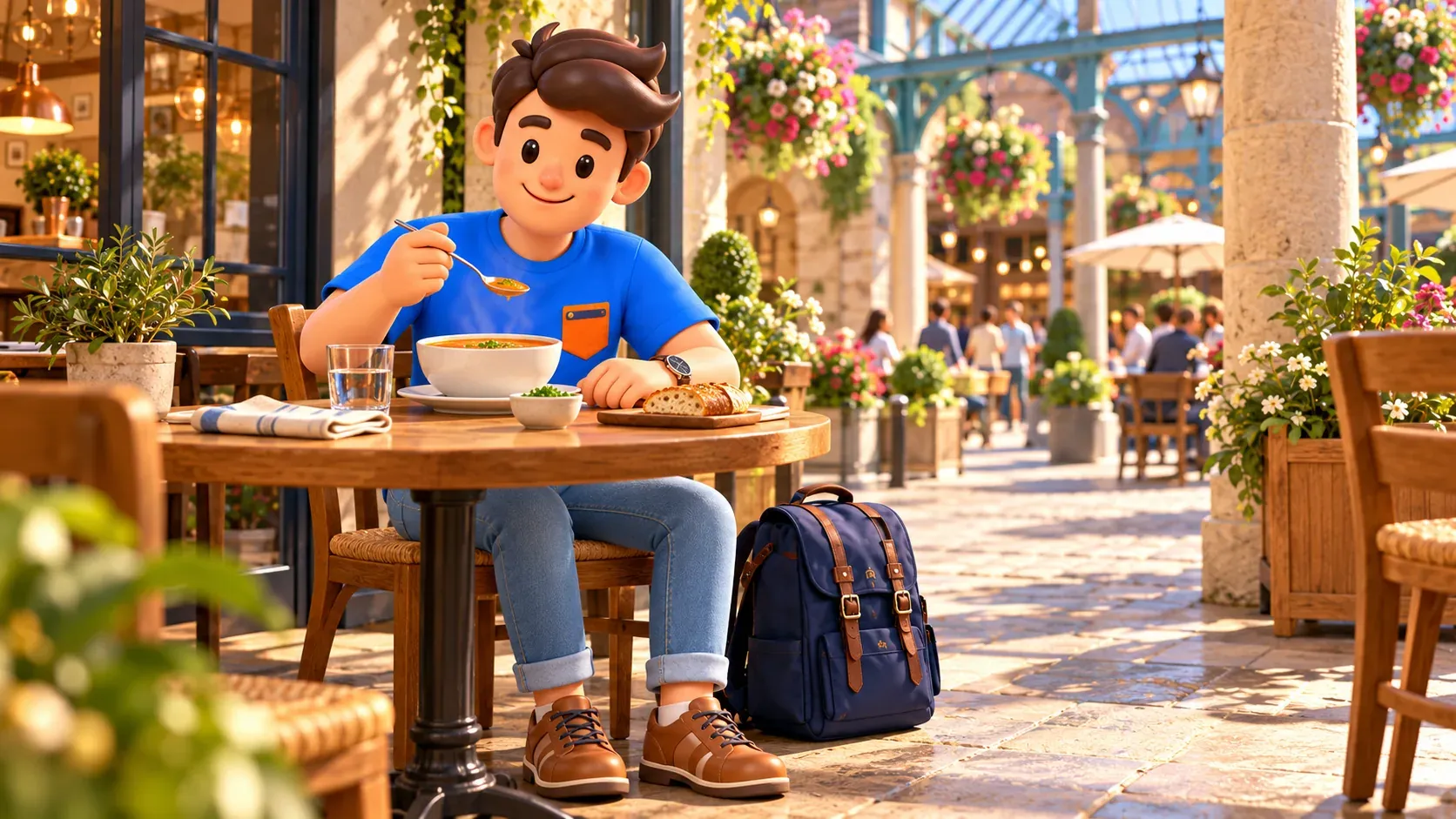 Illustration of a traveller eating soup at an imaginary café beside a covered passage