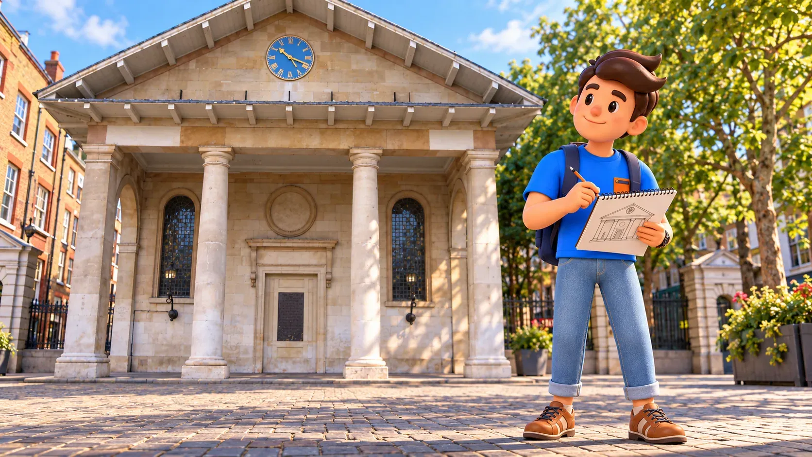 Illustration of a traveller with a sketchpad and pencil outside the Actors’ Church portico