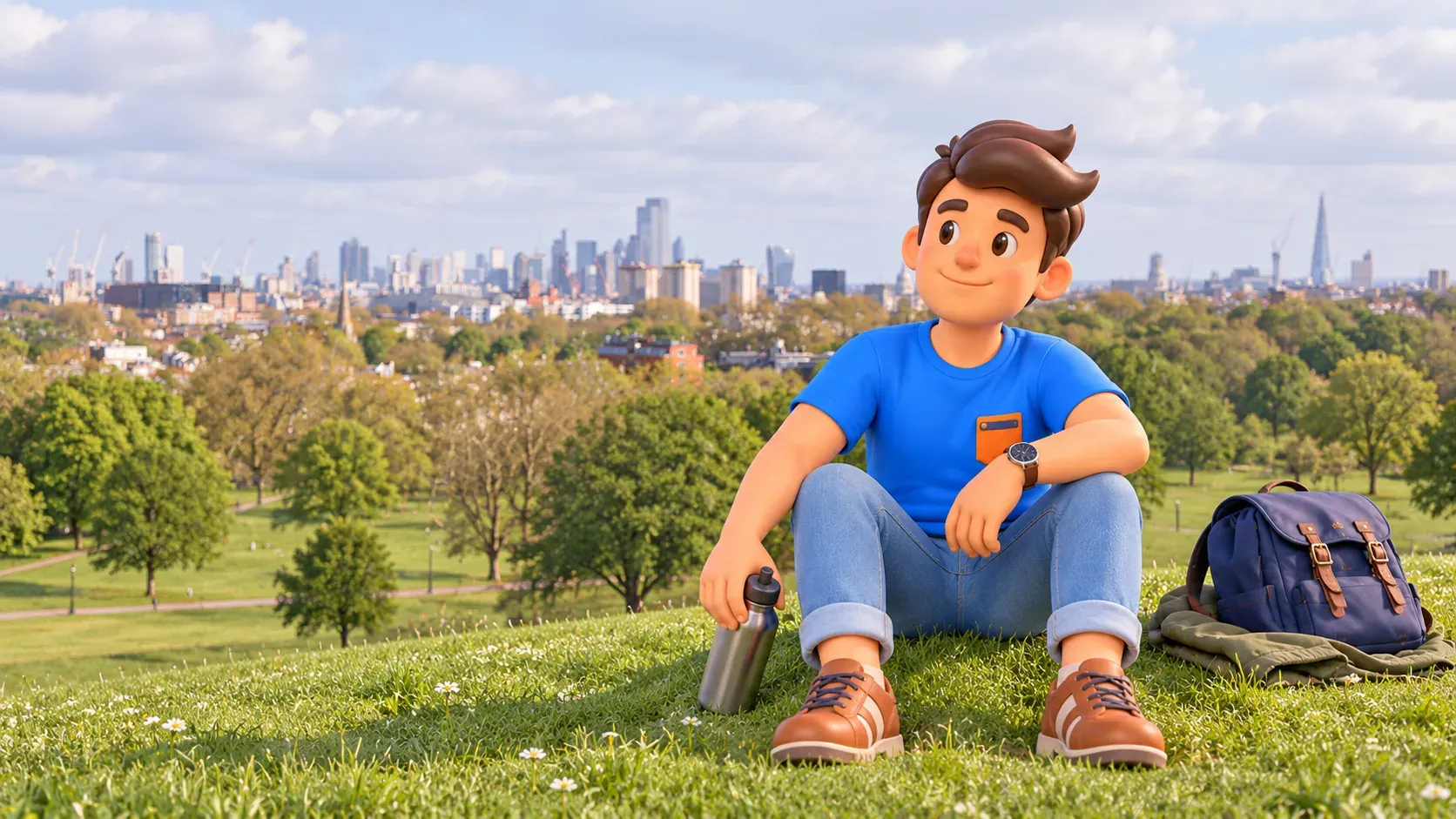 Illustration of a traveller with a water bottle resting on the grass at Primrose Hill
