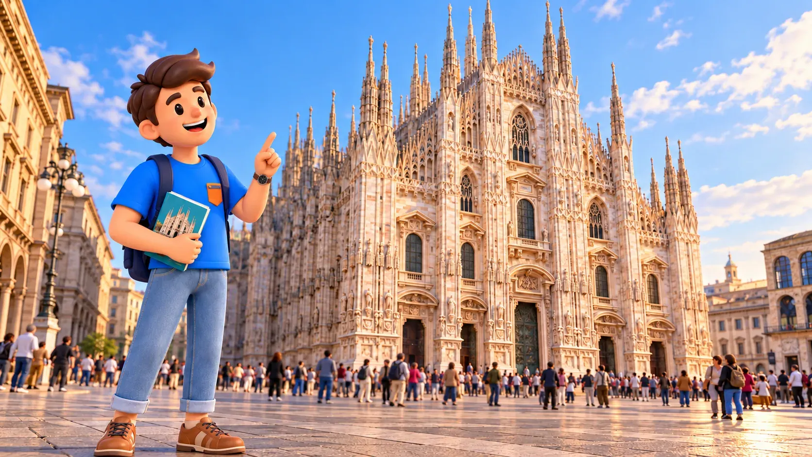 Illustration of a traveller with a book looking towards the Duomo’s marble facade from the public square.