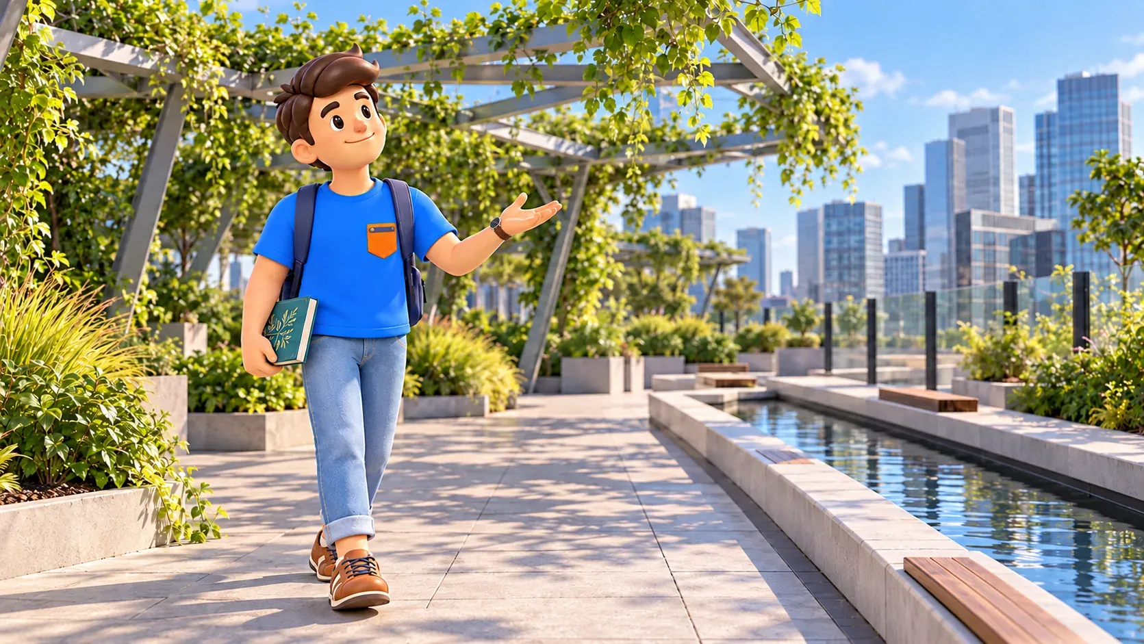Illustration of a traveller with a botanical book beside a pergola and water channel in a rooftop garden