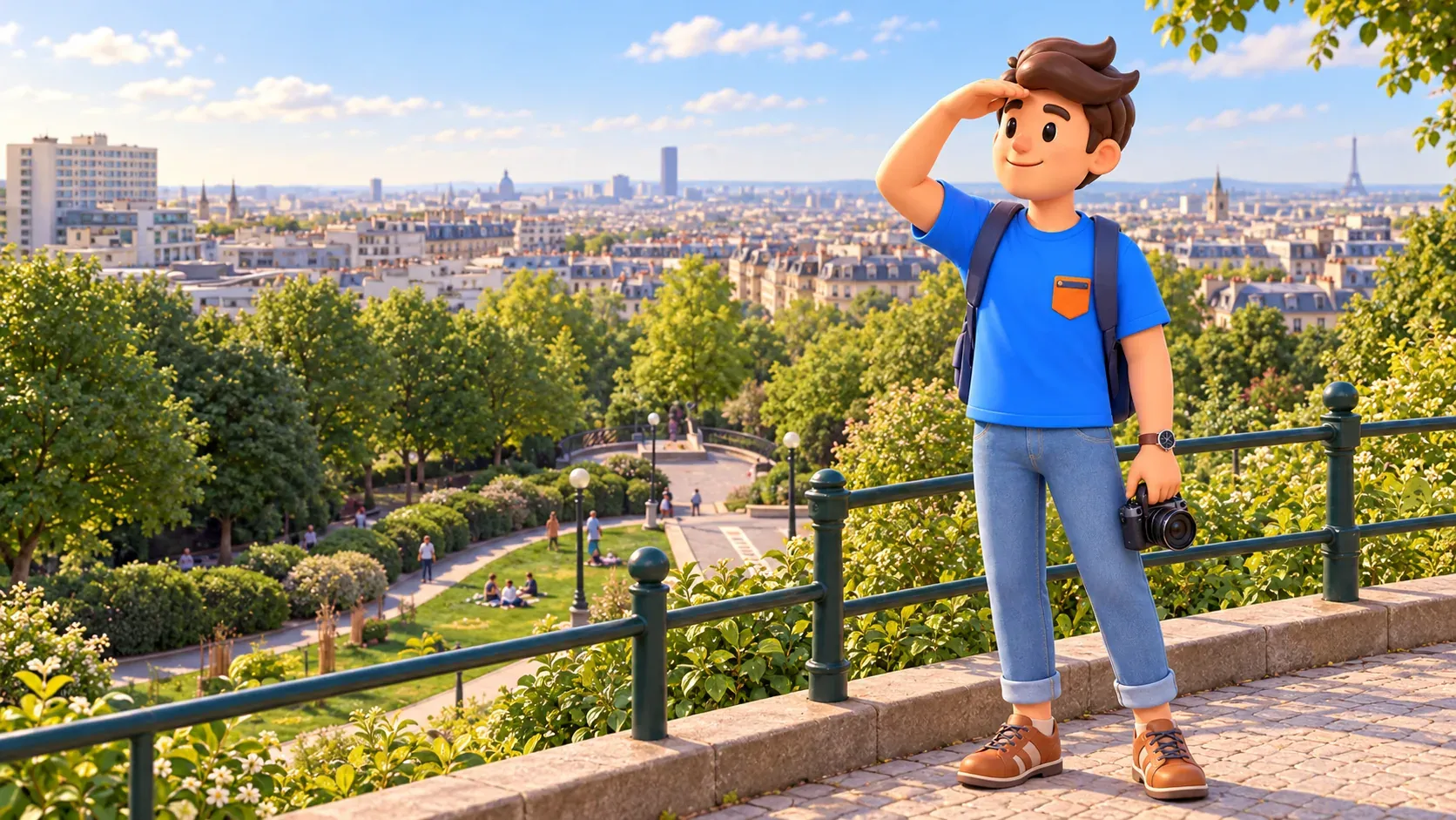 A traveler holding a camera looks into the distance from an upper terrace of Parc de Belleville