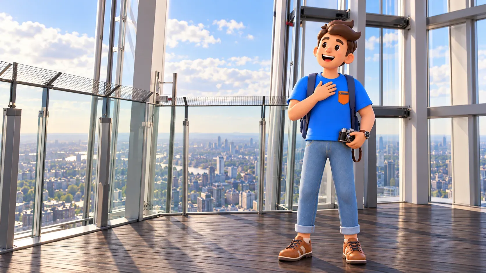 Illustration of a traveller with a camera in a high viewing gallery with a glass barrier and open sections