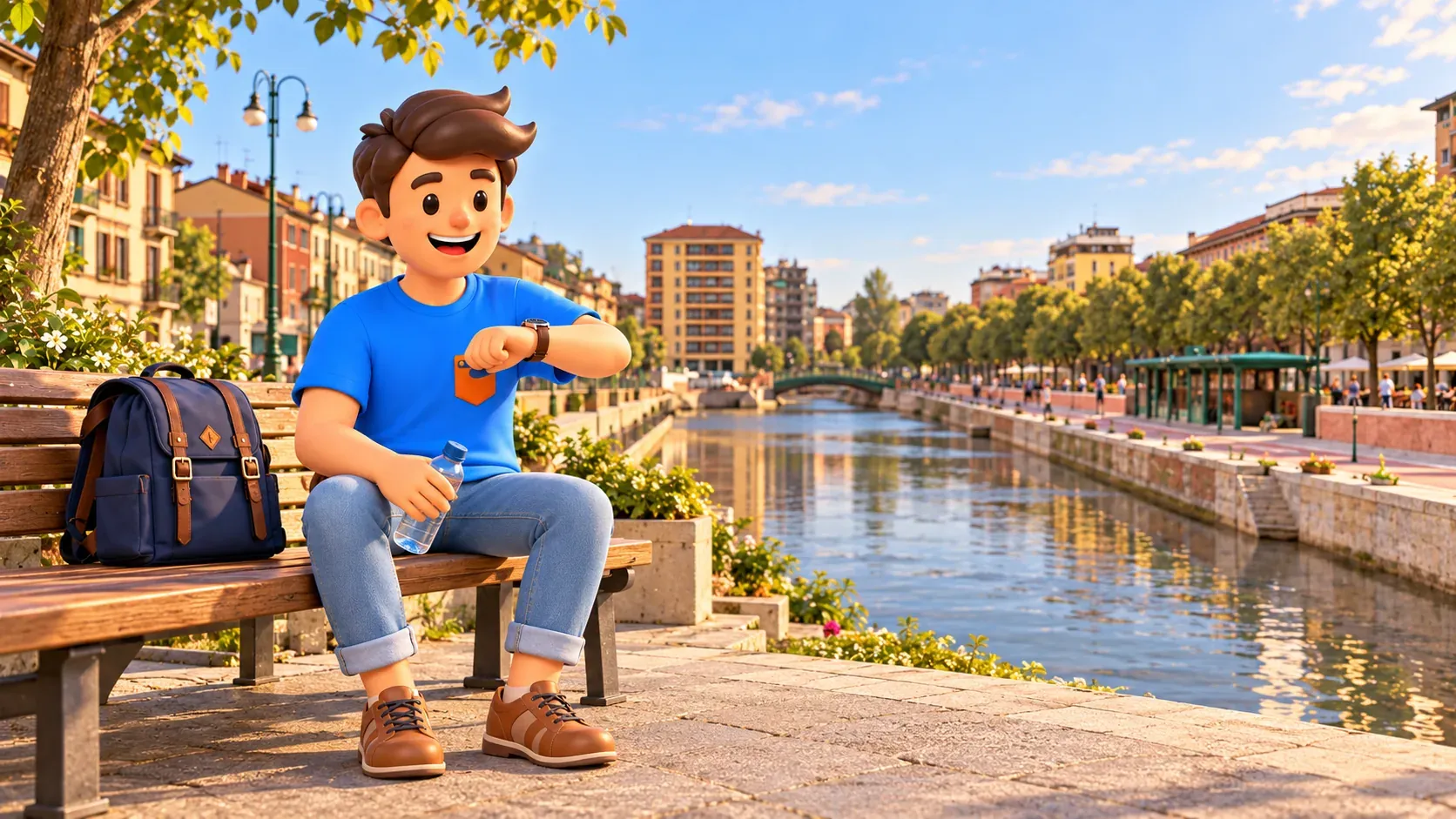 Illustration of a traveller checking his watch on a bench by the Darsena, with a backpack beside him and a water bottle in hand.