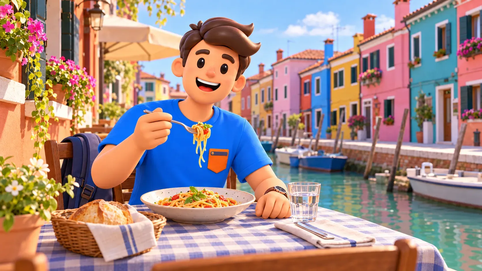Ilustración conceptual de un almuerzo en Burano antes de la excursión al monasterio