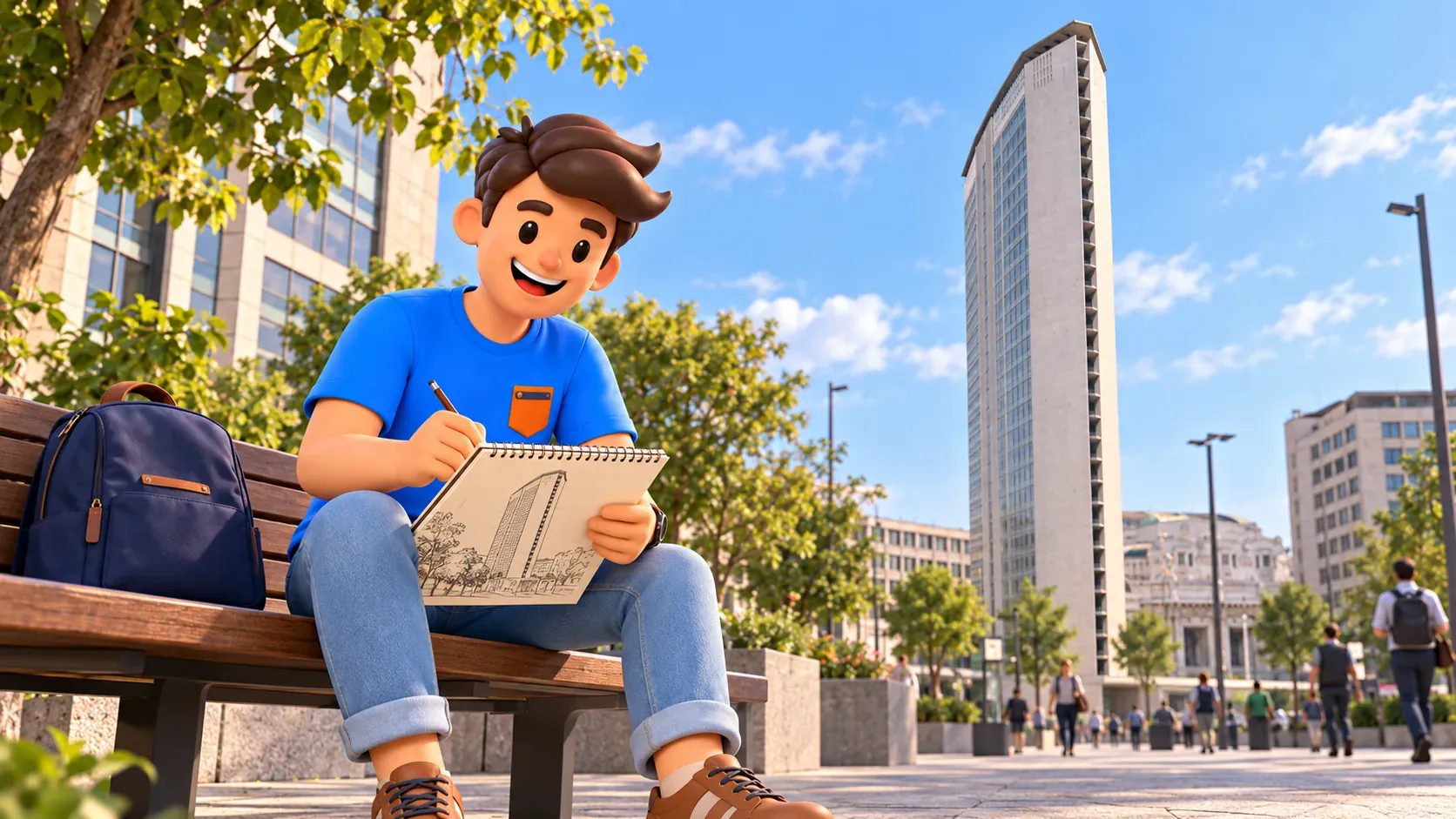 Illustration of a traveller sketching the Pirelli tower on a bench with a backpack beside him.