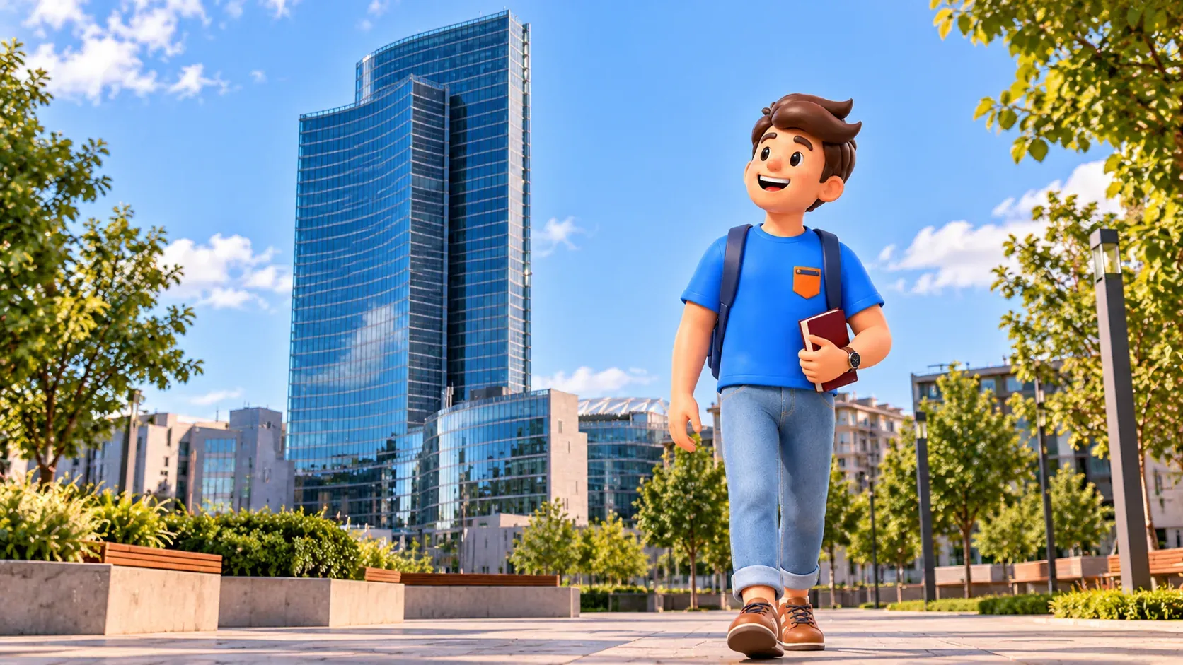 Illustration of a traveller walking with a burgundy book in front of the glass Palazzo Lombardia tower.