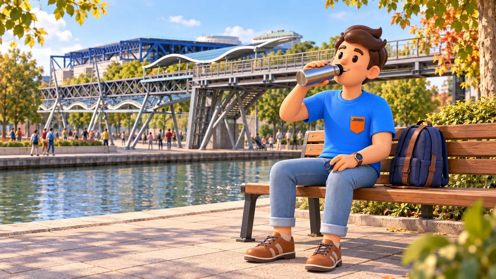 Ein Reisender trinkt Wasser auf einer Bank am Canal de l’Ourcq im Parc de la Villette