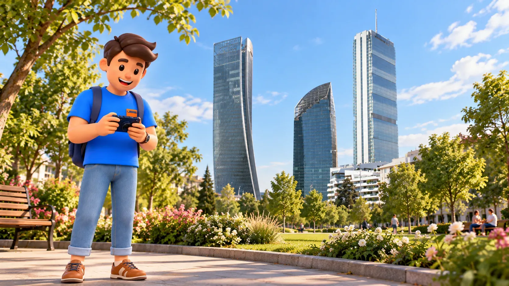 Illustration of a traveller holding a compact camera on a public path with CityLife’s three towers behind him.