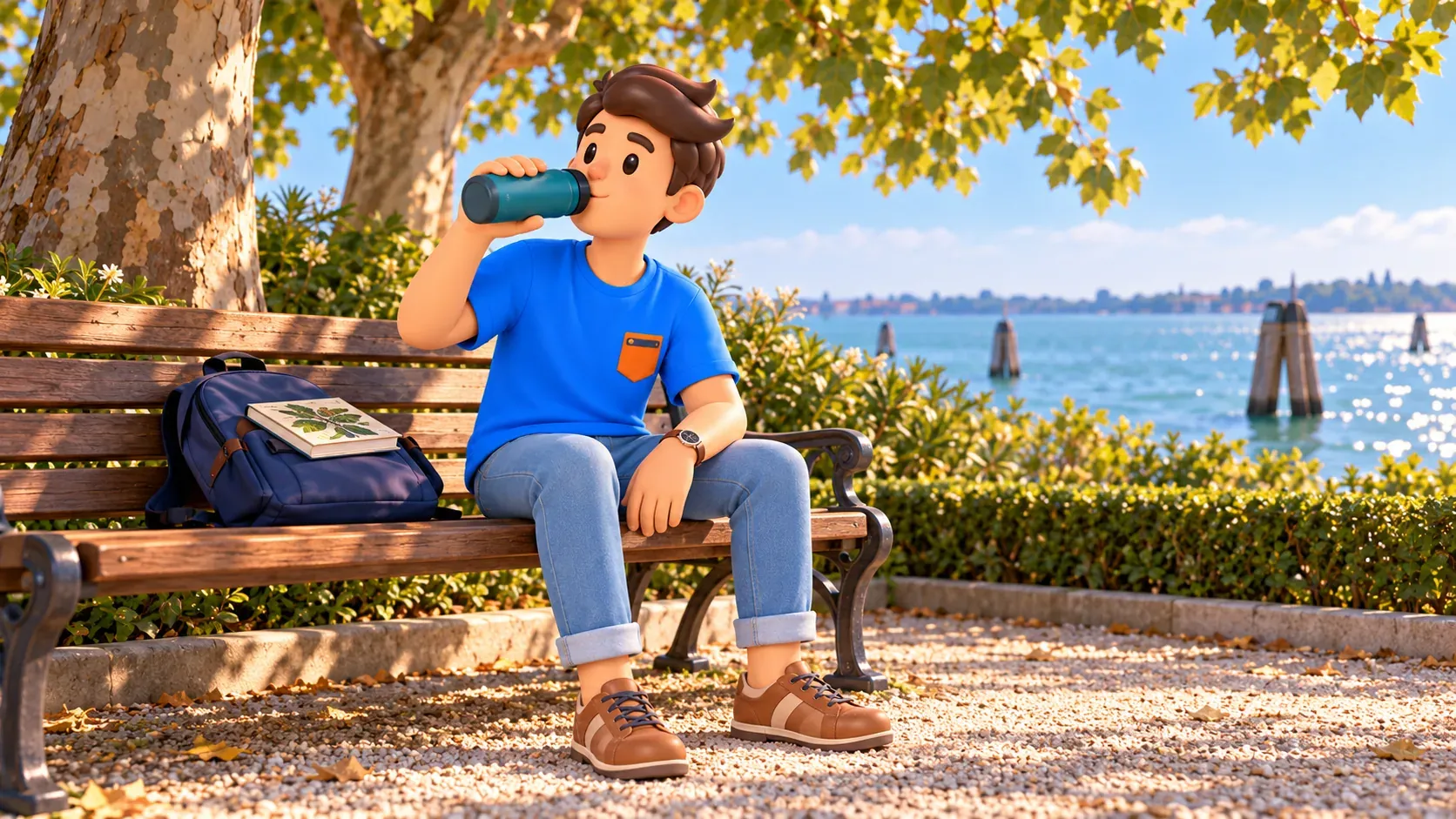 Symbolische Illustration einer Trinkpause im Park vor dem Rückfahrboot