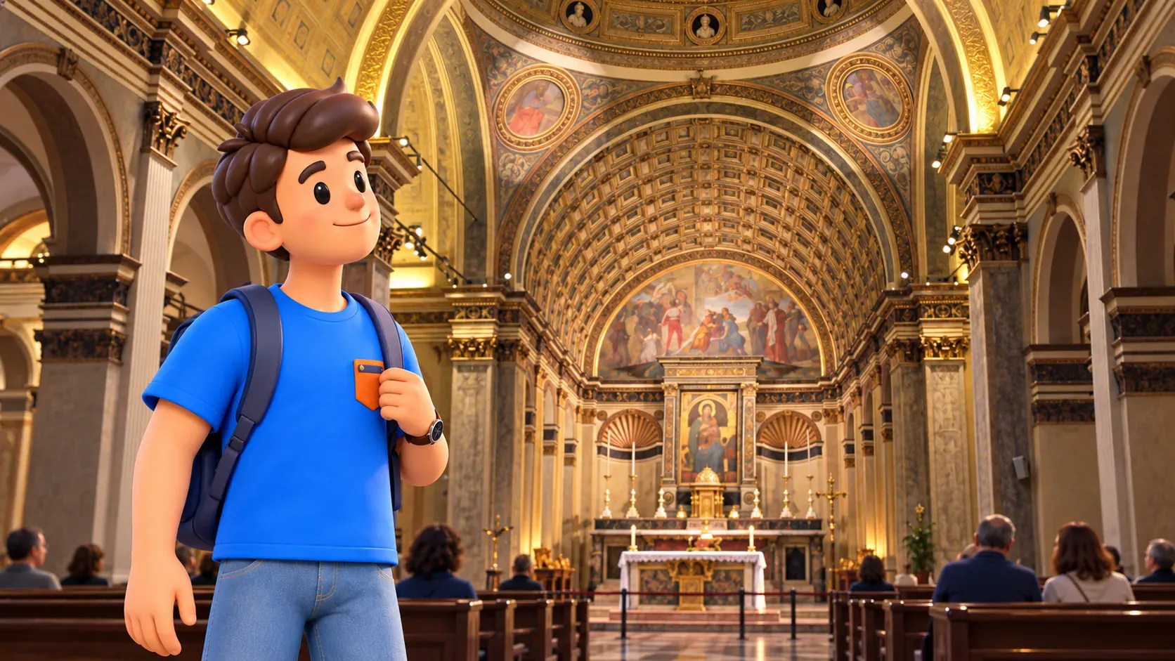 Illustration of a traveller quietly observing San Satiro’s false choir from the visitor area of the nave.