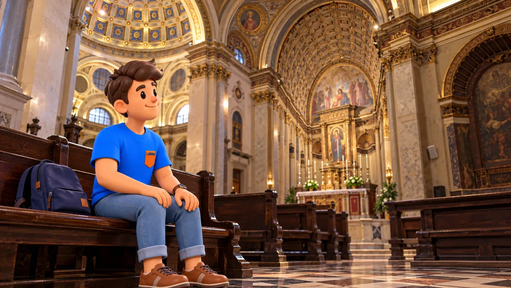 Illustration of a traveller on a church pew with an oblique view of San Satiro’s choir and real dome.