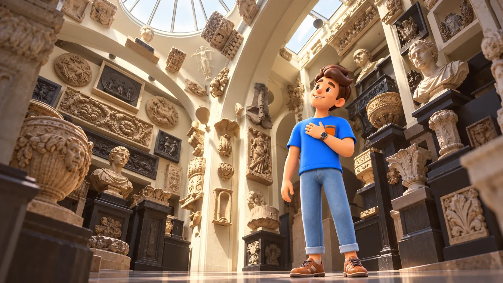 Illustration of a traveller beneath a skylight among architectural fragments in Soane’s Museum