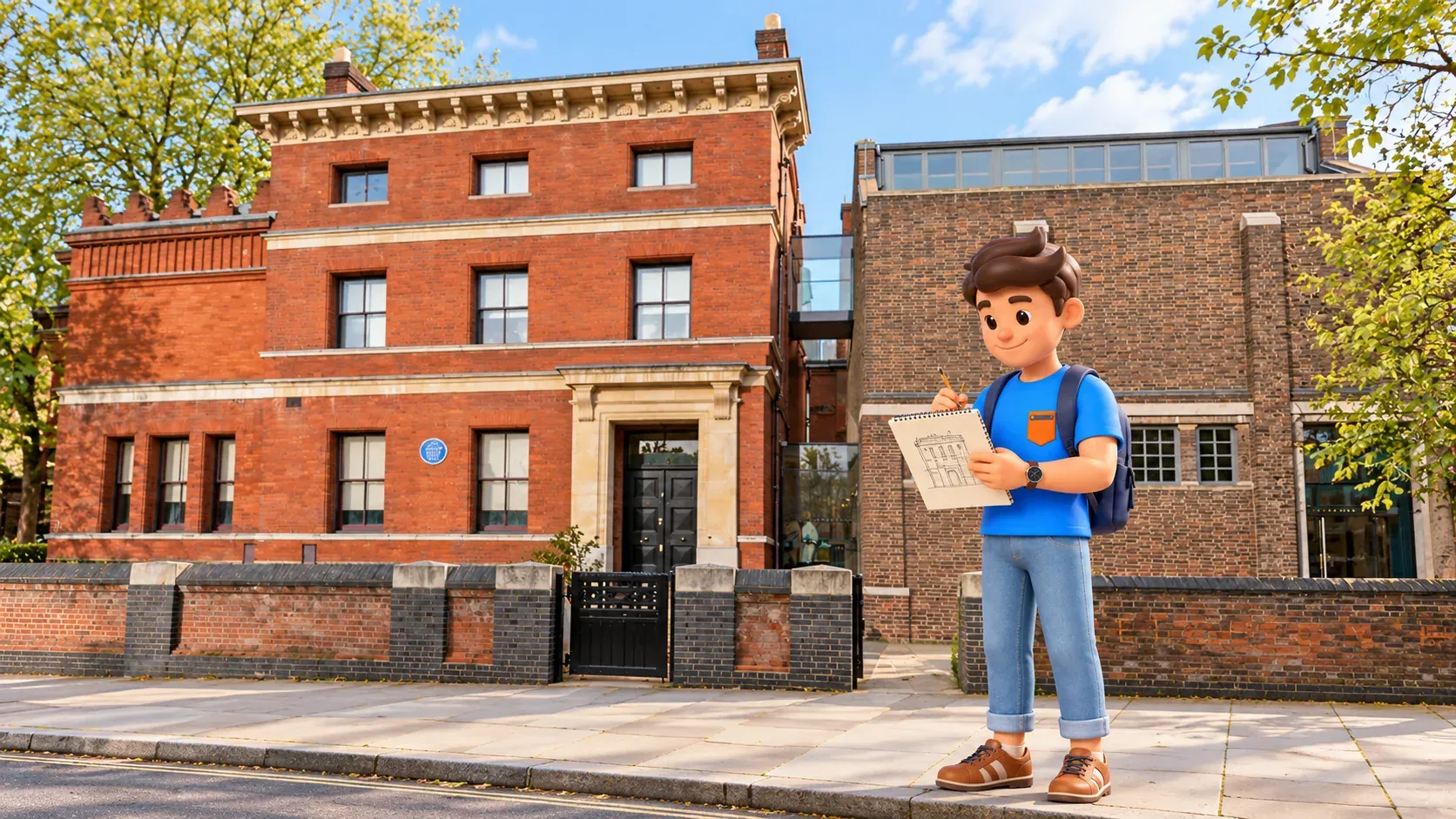Illustration of a traveller with a personal sketchbook on the pavement outside Leighton House