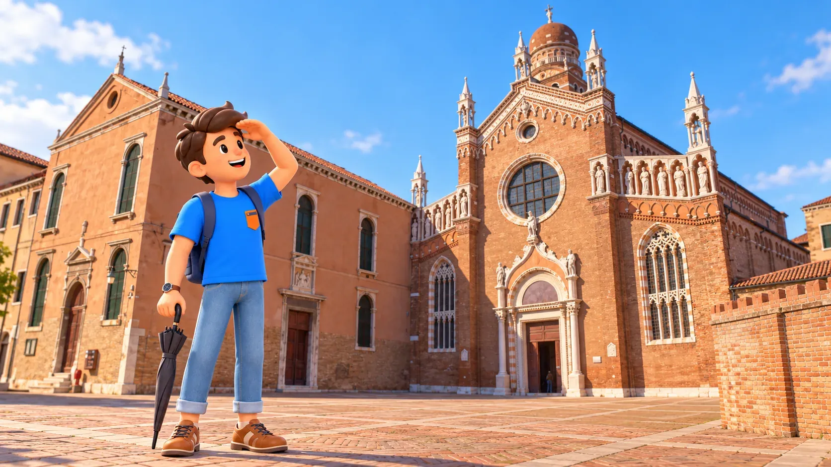 Conceptual illustration of a traveler outside the brick facade of Madonna dell’Orto