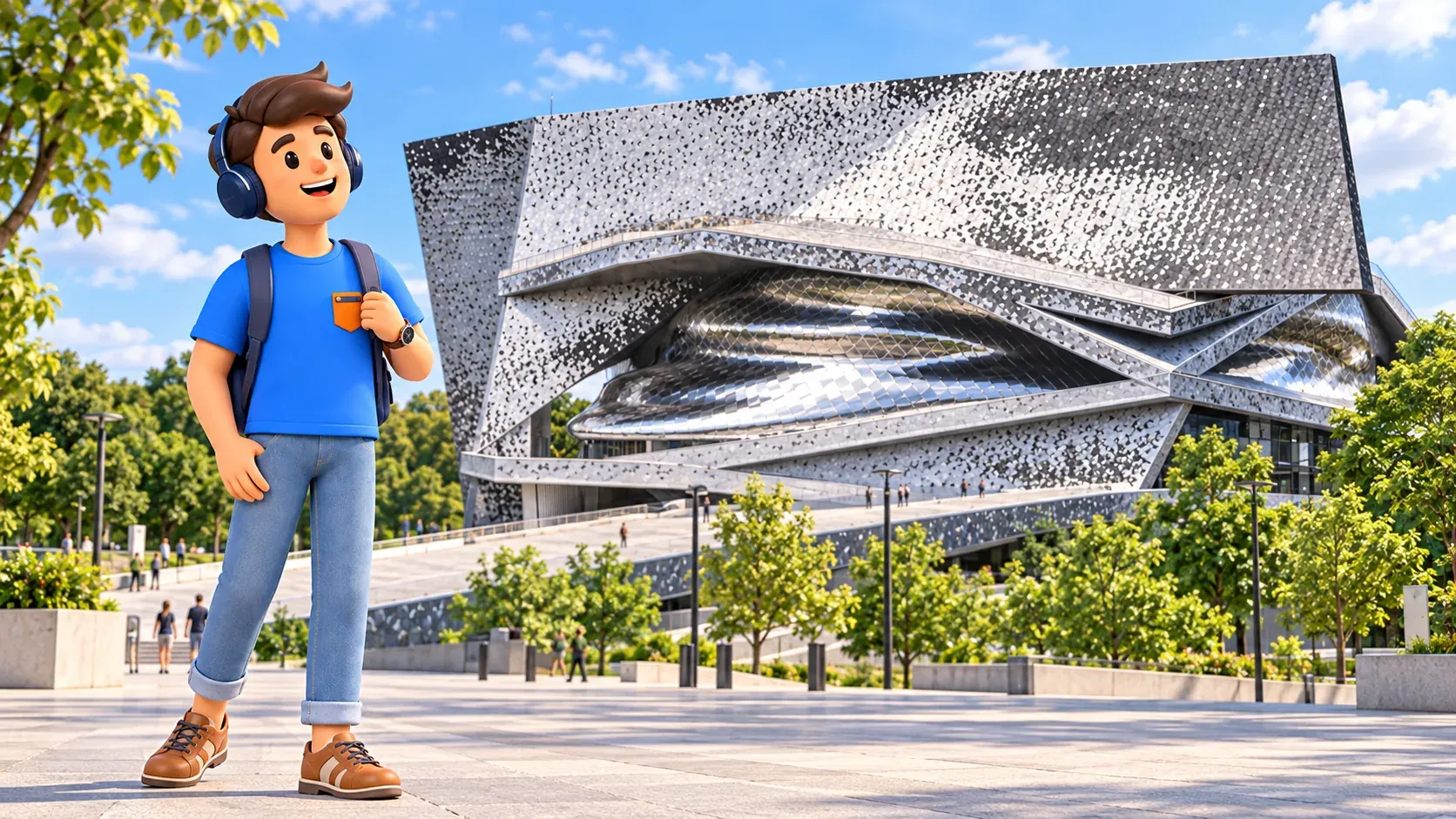 Ein Reisender mit Kopfhörern betrachtet die silberne Fassade der Philharmonie de Paris