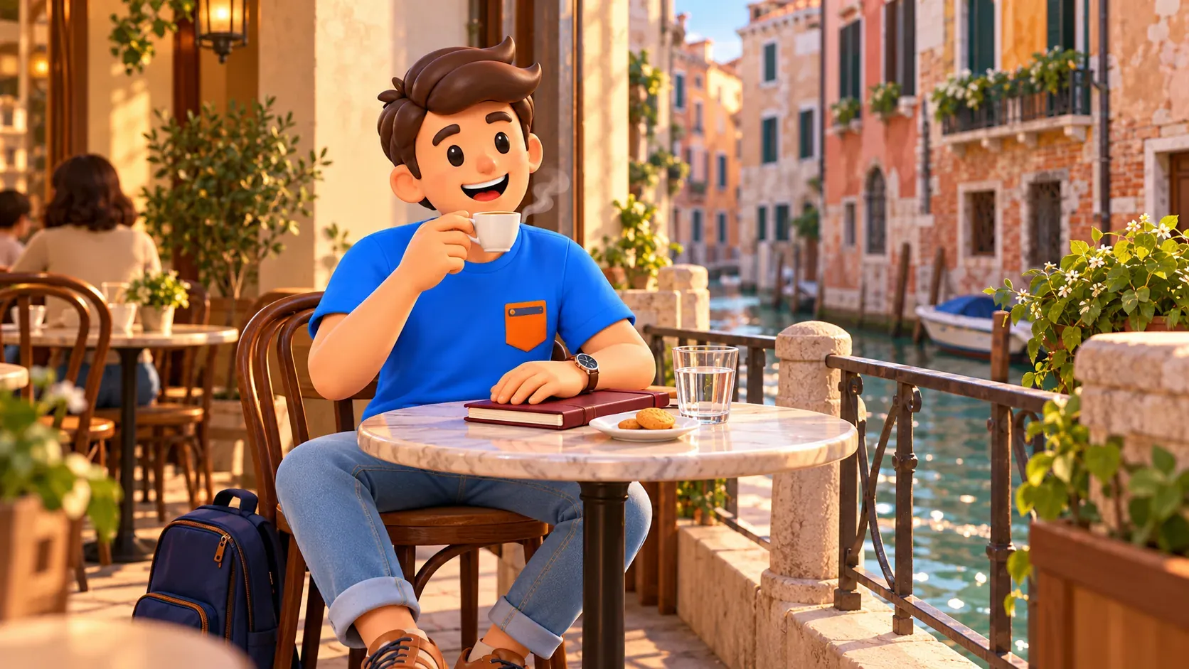 Conceptual illustration of a coffee break after an art walk in Venice