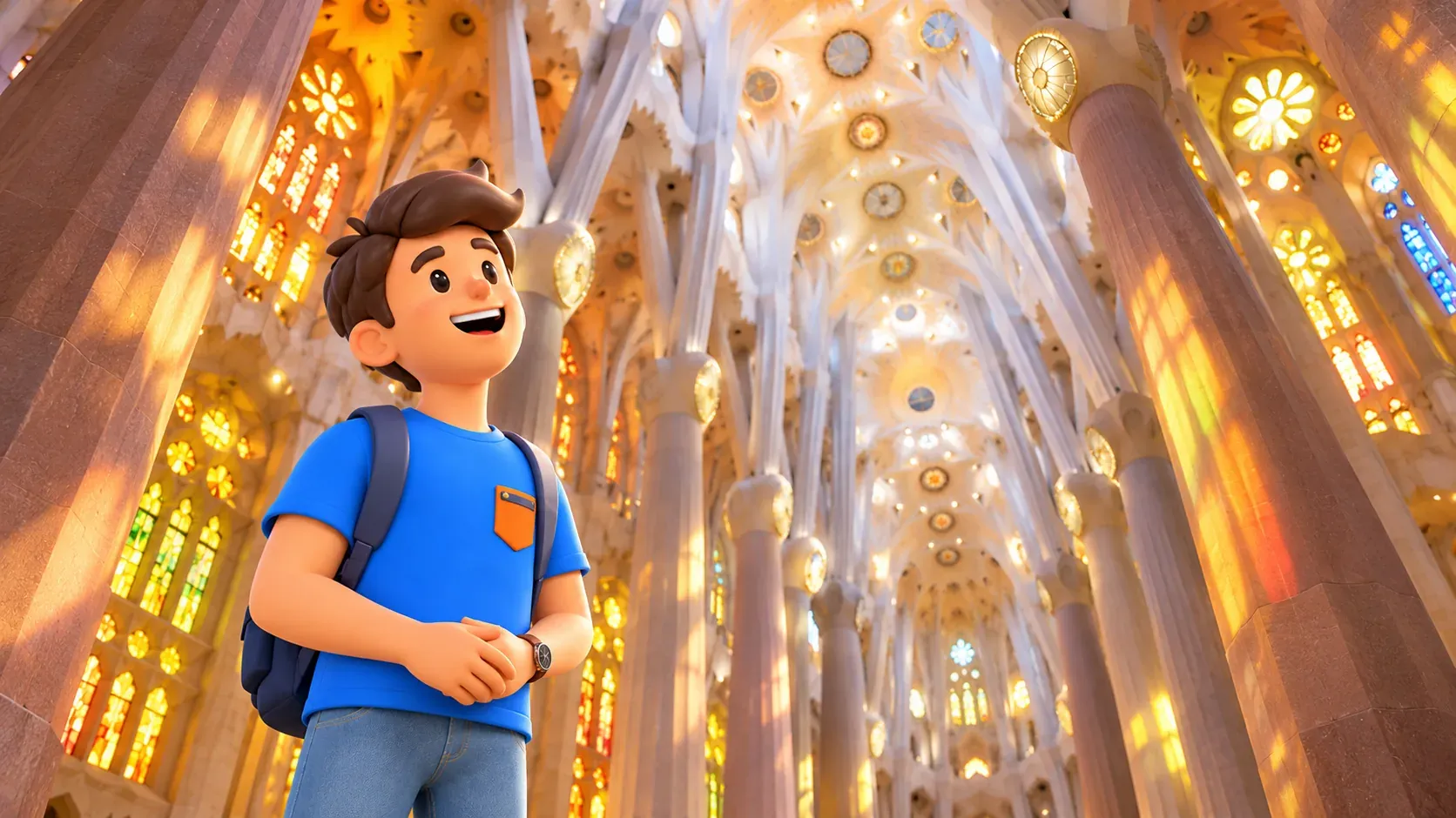 Illustration d’un voyageur observant les colonnes ramifiées et les voûtes de la Sagrada Família.