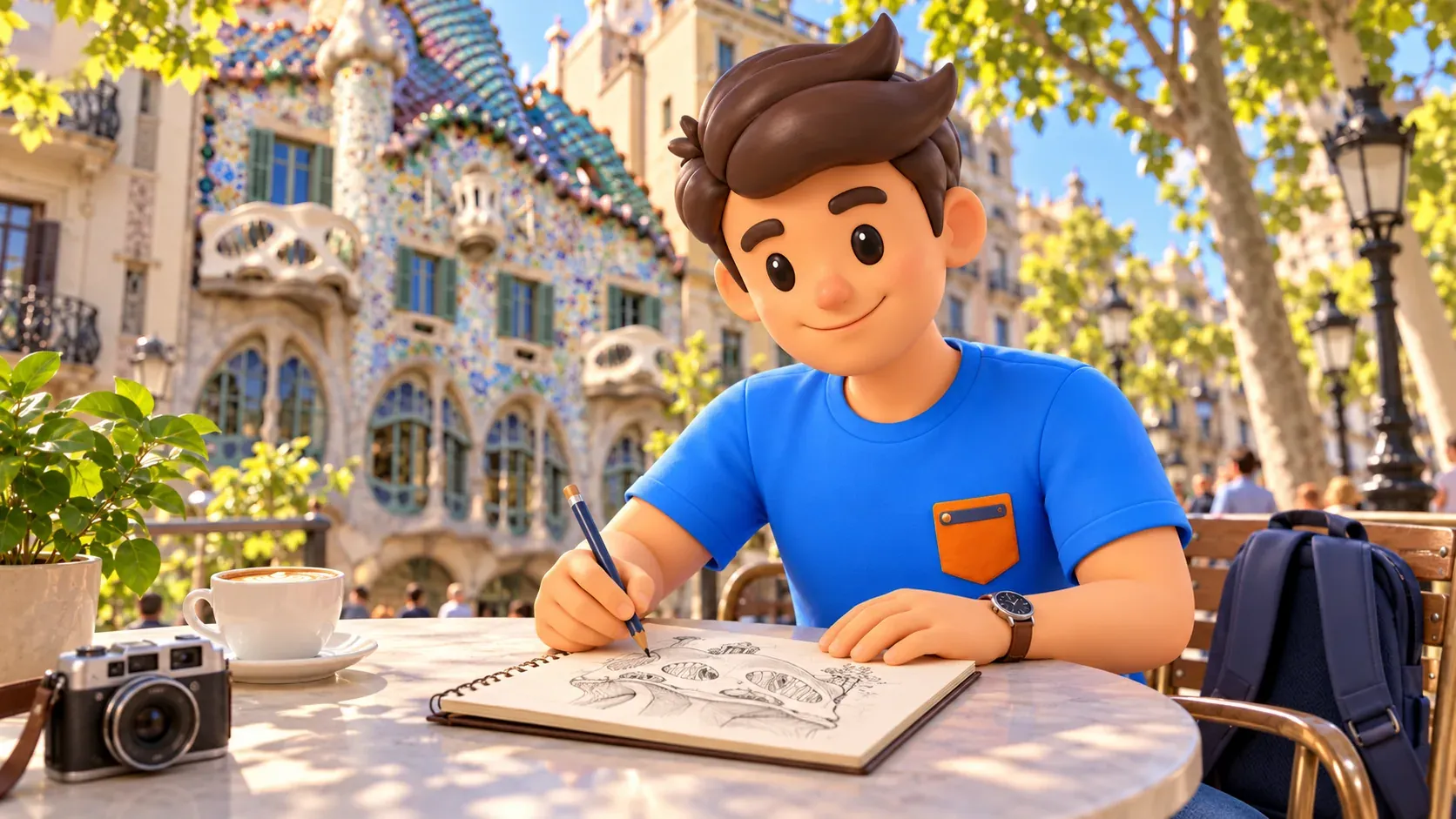 Illustration d’un voyageur dessinant des détails architecturaux à une table près de la Casa Batlló.