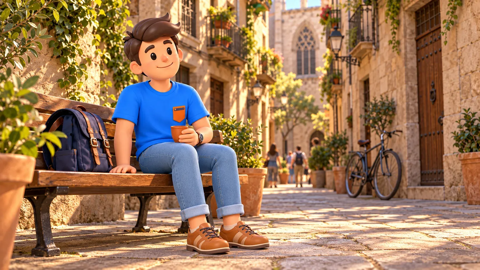 Illustration d’un voyageur avec une tasse, assis sur un banc dans la vieille ville de Barcelone.