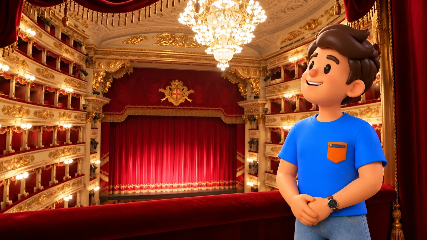 Illustration of a traveller without a backpack in a La Scala viewing box overlooking the auditorium and closed stage curtain.