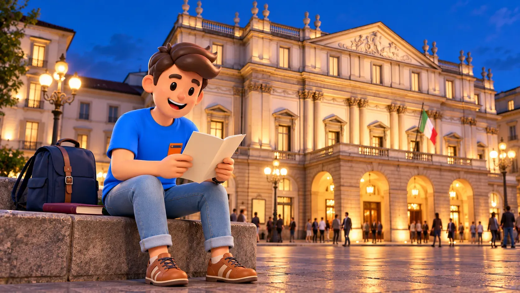 Illustration of a traveller reading a programme on a low stone ledge outside La Scala in the evening.