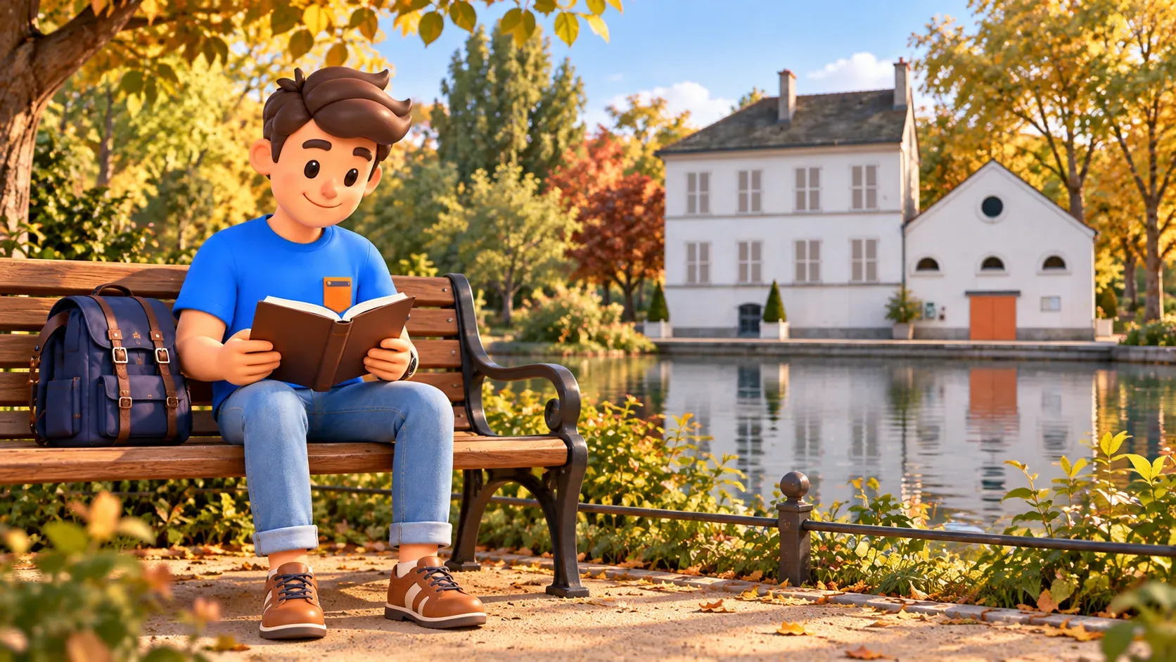 A traveler reads a book on a bench beside the lake in Parc de Bercy