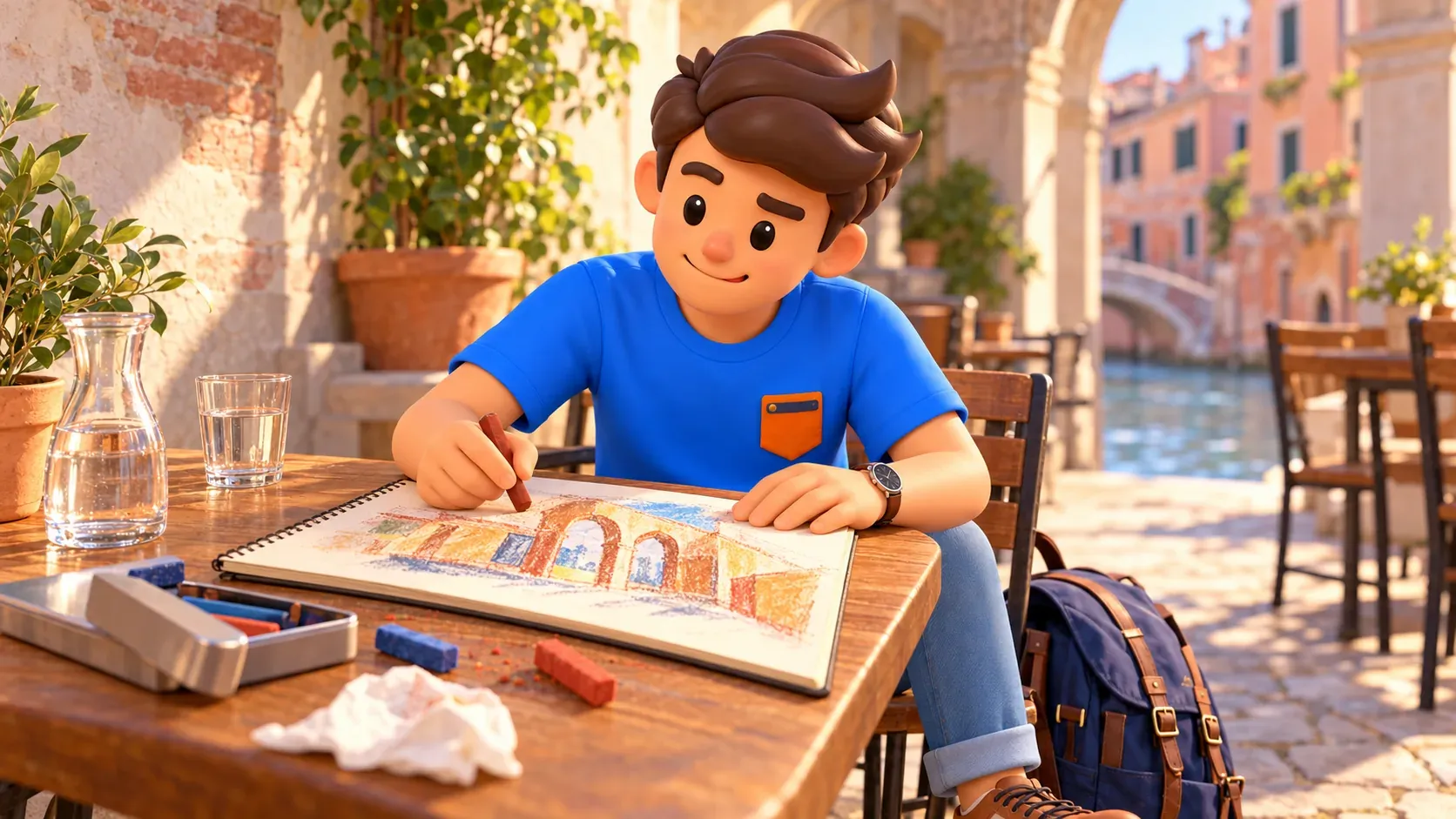 Ilustración conceptual de un viajero dibujando arcos al pastel en su cuaderno