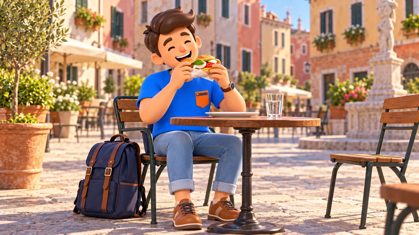 Ilustración conceptual de una pausa para almorzar un panino entre visitas artísticas